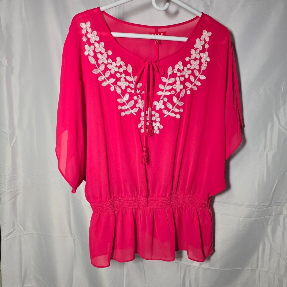 ELLE Womens Pink Embroidered boho Smocked Peplum Blouse Top Large cottage